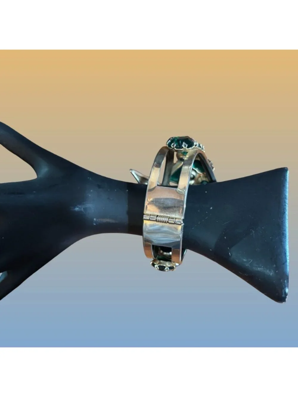 Gold Tone Hinged Bangle Green Blue Rhinestone Art Deco Statement Bracelet Vintag